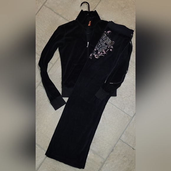 Juicy Couture Rare Vintage Y2K Tracksuit 2pc Black Velour Sweatsuit Size Small - Picture 1 of 13